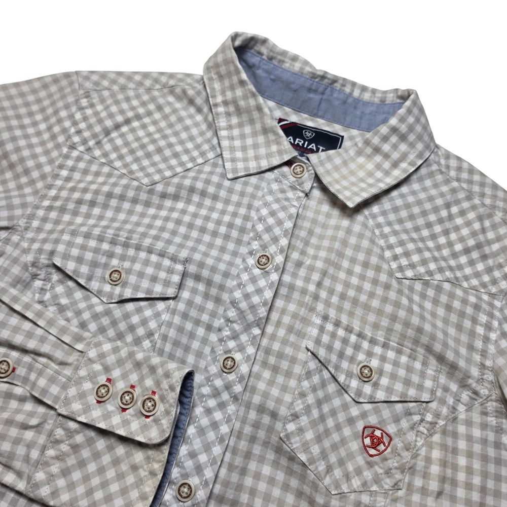 Ariat Womens Western Shirt Medium Cream Gray Gingham Button Down Cowgirl